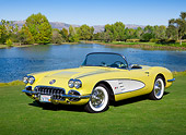 VET 02 RK0379 01
1958 Chevrolet Corvette Convertible Panama Yellow And White 3/4 Front View On Grass By Pond