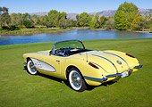 VET 02 RK0380 01
1958 Chevrolet Corvette Convertible Panama Yellow And White 3/4 Rear View On Grass By Pond