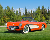 VET 02 RK0381 01
1956 Chevrolet Corvette Convertible Red And White 3/4 Rear View On Grass By Trees