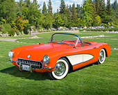 VET 02 RK0382 01
1956 Chevrolet Corvette Convertible Red And White 3/4 Rear View On Grass By Trees