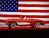 VET 02 RK0002 03
1957 Chevrolet Corvette Red White Cove 3/4 Front View On Mylar Floor American Flag