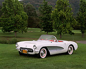 VET 02 RK0034 04
1957 Chevrolet Corvette Convertible White 3/4 Side View On Grass By Trees
