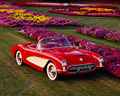 VET 02 RK0039 01
1956 Chevrolet Corvette Convertible Red And White Front 3/4 View On Grass By Flowers