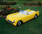 VET 02 RK0048 08
1954 Chevy Corvette Convertible Yellow Overhead 3/4 Side On Grass By Flowers