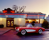 VET 02 RK0056 12
1957 Chevrolet Corvette Convertible Red And White Side 3/4 View In Front Of Diner