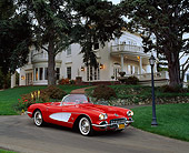 VET 02 RK0178 02
1959 Chevrolet Corvette Fuel Injected Roadster Red White Cove 3/4 Side By House And Trees