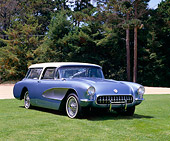 VET 02 RK0242 04
1957 Chevy Corvette Nomad Wagon Blue White Top 3/4 Front View On Grass By Trees