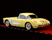 VET 02 RK0266 01
1958 Chevrolet Corvette Yellow White Cove 3/4 Rear View Checkered Line Red Floor Studio