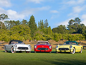 VET 02 RK0339 01
1953, 1954, 1955 Chevrolet Corvette Convertibles White, Red, Yellow 3/4 Front View On Grass By Trees