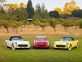 VET 02 RK0340 01
1953, 1954, 1955 Chevrolet Corvette Convertibles White, Red, Yellow 3/4 Front View On Grass By Trees