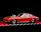 VET 03 RK0254 03
1963 Chevrolet Corvette Fuel Injected Split Window Red 3/4 Side View On Red Floor Checkered Line Studio