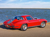VET 03 RK0650 01
1964 Chevrolet Corvette Stingray Red With Silver Stripe 3/4 Rear View On Pavement By Water