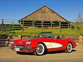 VET 03 RK0735 01
1960 Chevrolet Corvette Red With White Cove 3/4 Front View On Gravel By Farm