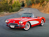 VET 03 RK0739 01
1960 Chevrolet Corvette Red With White Cove 3/4 Front View On Road In Hills