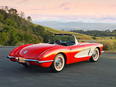 VET 03 RK0740 01
1960 Chevrolet Corvette Red With White Cove 3/4 Rear View On Road In Hills