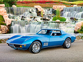 VET 03 RK0755 01
1969 Chevrolet Corvette Blue 3/4 Front View On Pavement By Waterfalls