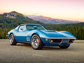 VET 03 RK0756 01
1969 Chevrolet Corvette Blue 3/4 Front View On Pavement By Forest