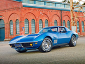 VET 03 RK0757 01
1969 Chevrolet Corvette Blue 3/4 Front View On Pavement By Brick Building