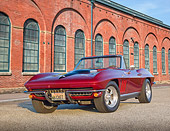 VET 03 RK0786 01
1966 Chevrolet Corvette Red With Black Stinger 3/4 Front View On Pavement By Evergreen Trees
