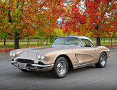 VET 03 RK0803 01
1962 Chevrolet Corvette Sand Pearl 3/4 Front View On Pavement By Autumn Trees