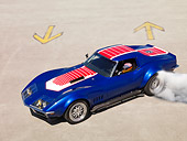 VET 03 RK0512 01
1969 Chevrolet Corvette Blue Overhead 3/4 Side View On Pavement Burning Tires