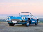 VET 03 RK0564 01
1961 Chevrolet Corvette Convertible Blue 3/4 Front View On Pavement Dusk