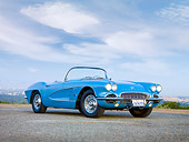 VET 03 RK0565 01
1961 Chevrolet Corvette Convertible Blue 3/4 Front View On Pavement Dusk