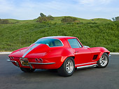VET 03 RK0635 01
1967 Chevrolet Corvette Red With Silver Stripe 3/4 Rear View On Pavement By Hills