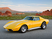 VET 05 RK0240 01
1973 Chevrolet Corvette Stingray Yellow 3/4 Front View On Pavement In Desert