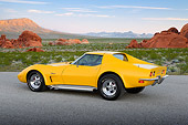 VET 05 RK0243 01
1973 Chevrolet Corvette Stingray Yellow 3/4 Rear View On Pavement In Desert