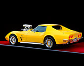 VET 05 RK0111 05
1973 Chevrolet Corvette Modified Yellow 3/4 Rear View On Red Floor Gray Line Studio