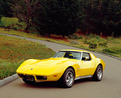 VET 05 RK0127 02
1976 Chevrolet Corvette Stingray Yellow 3/4 Front View On Pavement By Bushes