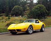 VET 05 RK0128 02
1976 Chevrolet Corvette Stingray Yellow Low 3/4 Front View On Pavement By Bushes