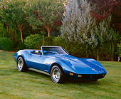 VET 05 RK0133 03
1974 Chevrolet Corvette Roadster Blue 3/4 Front View On Grass By Trees