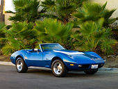 VET 05 RK0152 01
1974 Chevrolet Corvette Convertible Blue 3/4 Front View On Pavement By Palm Trees