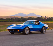 VET 05 RK0183 01
1972 Chevrolet Corvette Coupe Blue 3/4 Front View By Mountains