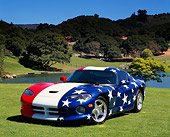 VIP 01 RK0155 08
1997 Dodge Viper Patriotic Front 3/4 View On Grass By Pond Trees Hills