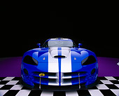 VIP 01 RK0197 07
2003 Dodge Viper Competition Coupe Blue Silver Stripe Wide Angle Head On Purple Checkered
