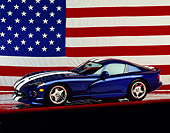 VIP 02 RK0029 05
Dodge Viper GTS Concept Car Blue White Stripe 3/4 Side View On Red Line American Flag Studio