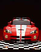 VIP 02 RK0120 11
Dodge Viper GTSR Concept Car Red Silver Stripe Head On Shot On Checkered Floor Studio