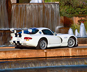 VIP 02 RK0145 04
1998 Dodge Viper GTS R White Blue Stripes 3/4 Rear View By Water Fountain