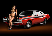WMN 03 RK0305 01
1970 Dodge Challenger T/A Red And Black 3/4 Front View In Studio With Swimsuit Model