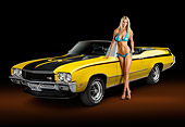 WMN 03 RK0309 01
1971 Buick GSX Yellow With Black Stripes 3/4 Front View In Studio With Swimsuit Model