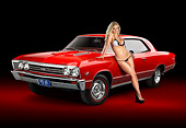 WMN 03 RK0311 01
1967 Chevrolet Chevelle SS Red 3/4 Front View In Studio With Swimsuit Model