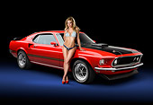 WMN 03 RK0312 01
1969 Ford Mustang Mach 1 Super Cobra Jet Red And Black 3/4 Front View In Studio With Swimsuit Model