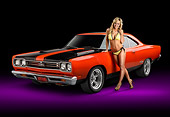 WMN 03 RK0313 01
1969 Plymouth GTX Orange With Black Stripes 3/4 Front View In Studio With Swimsuit Model