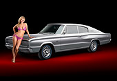 WMN 03 RK0315 01
1966 Dodge Hemi Charger Silver Gray 3/4 Front View In Studio With Swimsuit Model