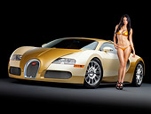 WMN 03 RK0316 01
2008 Bugatti Veyron 16.4 Grand Sport Roadster Gold And White 3/4 Front View Studio With Swimsuit Model
